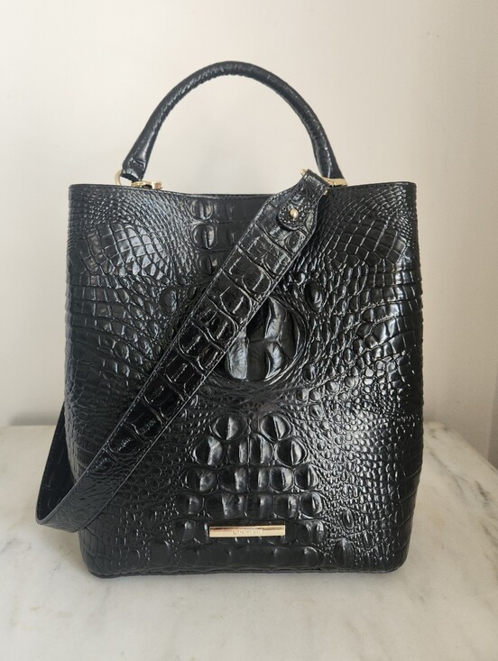 Brahmin Handbags - Brahmin Amelia Bucket Shoulder Black Crocodile Embossed Leather Shoulder Bag